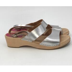 Swedish Hasbeens Silver Metallic Leather Platform Sandals Size 40